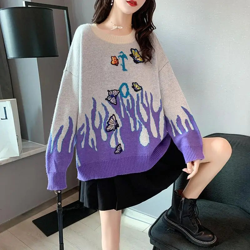Knitted Oversize Sweater Butterflies Embroidered Flame