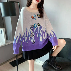 Knitted Oversize Sweater Butterflies Embroidered Flame