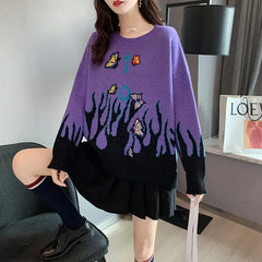 Knitted Oversize Sweater Butterflies Embroidered Flame