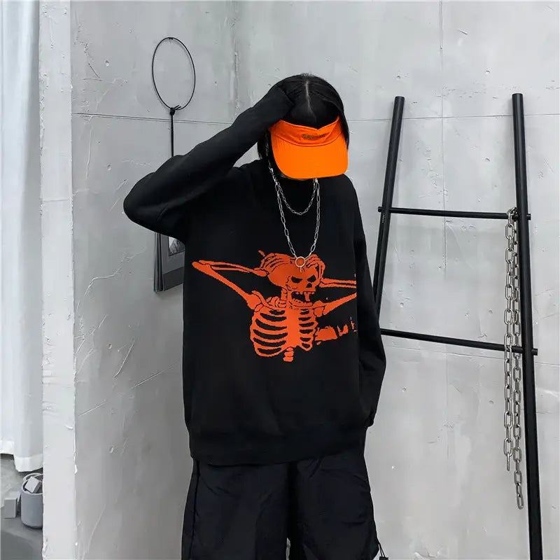 Knitted Oversize Sweater with Angry Skull Print Black