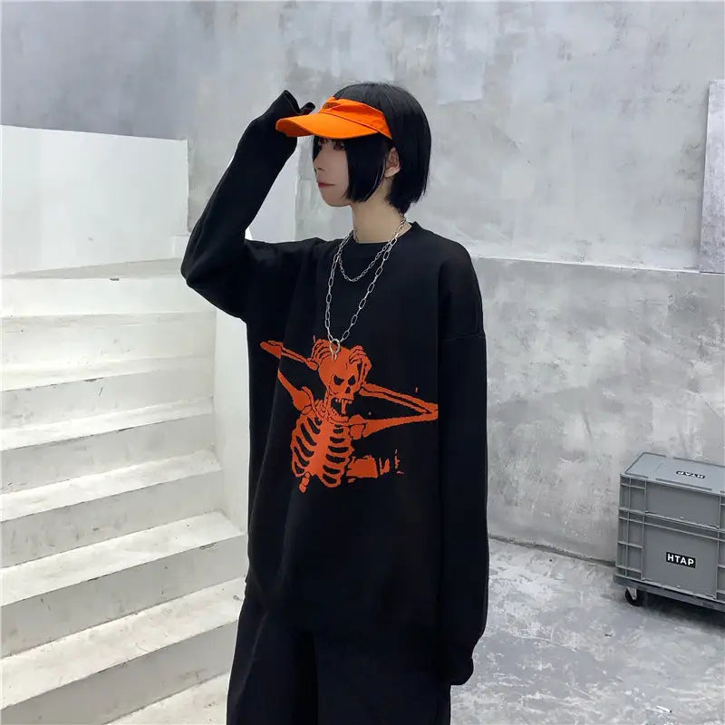 Knitted Oversize Sweater with Angry Skull Print Black