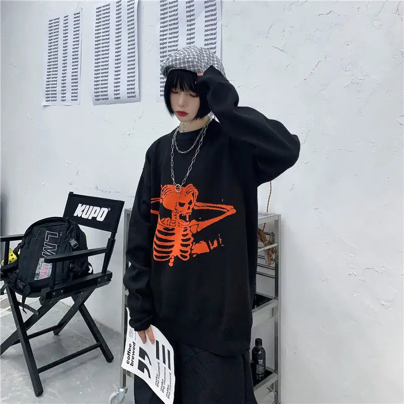 Knitted Oversize Sweater with Angry Skull Print Black