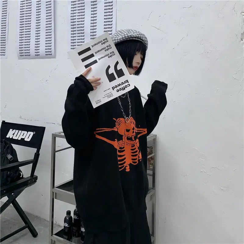 Knitted Oversize Sweater with Angry Skull Print Black