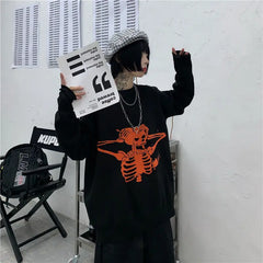 Knitted Oversize Sweater with Angry Skull Print Black