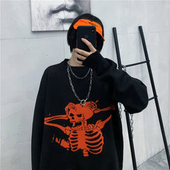 Knitted Oversize Sweater with Angry Skull Print Black