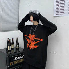 Knitted Oversize Sweater with Angry Skull Print Black