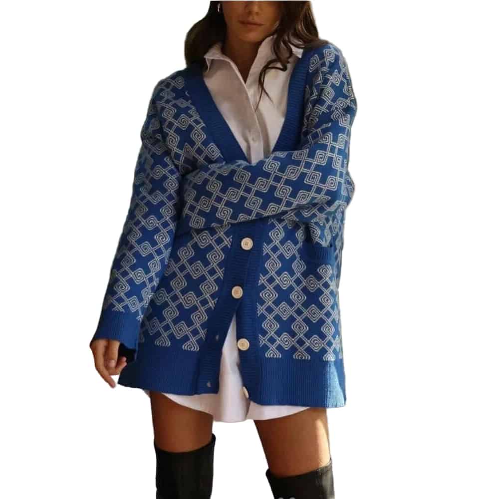 Model wearing blue Knitted Oversized V Neck Long Sleeve Cardigan with geometric pattern and button detailing