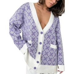 Knitted Oversized V Neck Long Sleeve Cardigan in purple and white with button closure and pockets