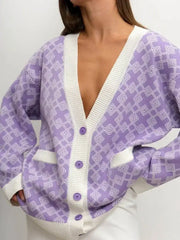 Knitted Oversized V Neck Long Sleeve Cardigan in lavender with button closure and geometric pattern.