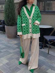 Woman wearing Knitted Oversized V Neck Long Sleeve Cardigan with green pattern outdoors