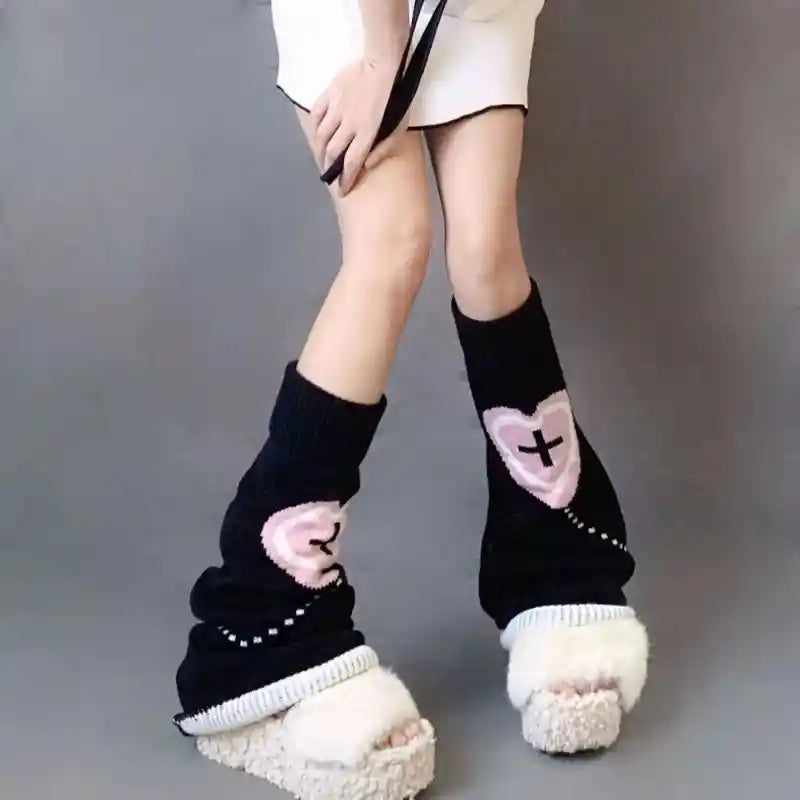 Knitted Punk Leg Warmers Heart Love Cross Design