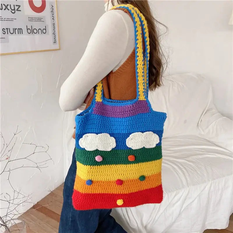 Knitted Rainbow Tote Shoulder Shopping Bag Big