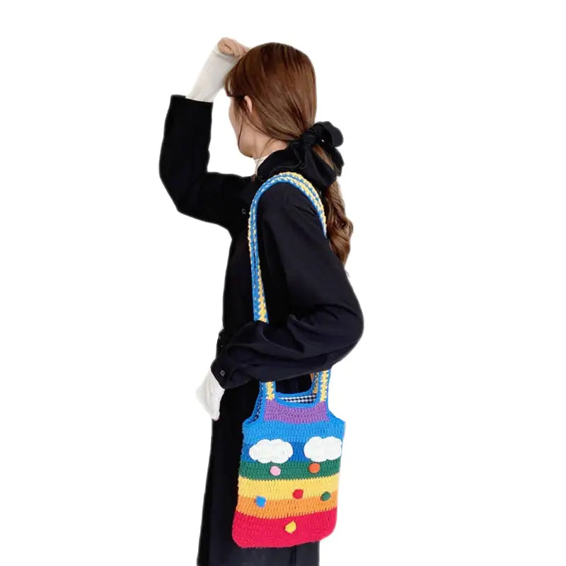 Knitted Rainbow Tote Shoulder Shopping Bag