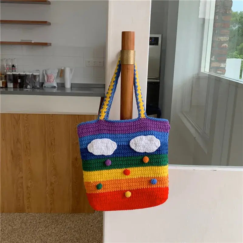 Knitted Rainbow Tote Shoulder Shopping Handbag