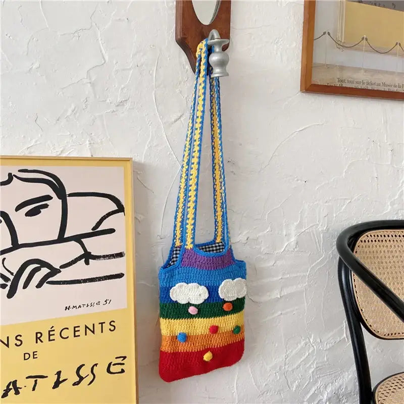Knitted Rainbow Tote Shoulder Shopping Handbag