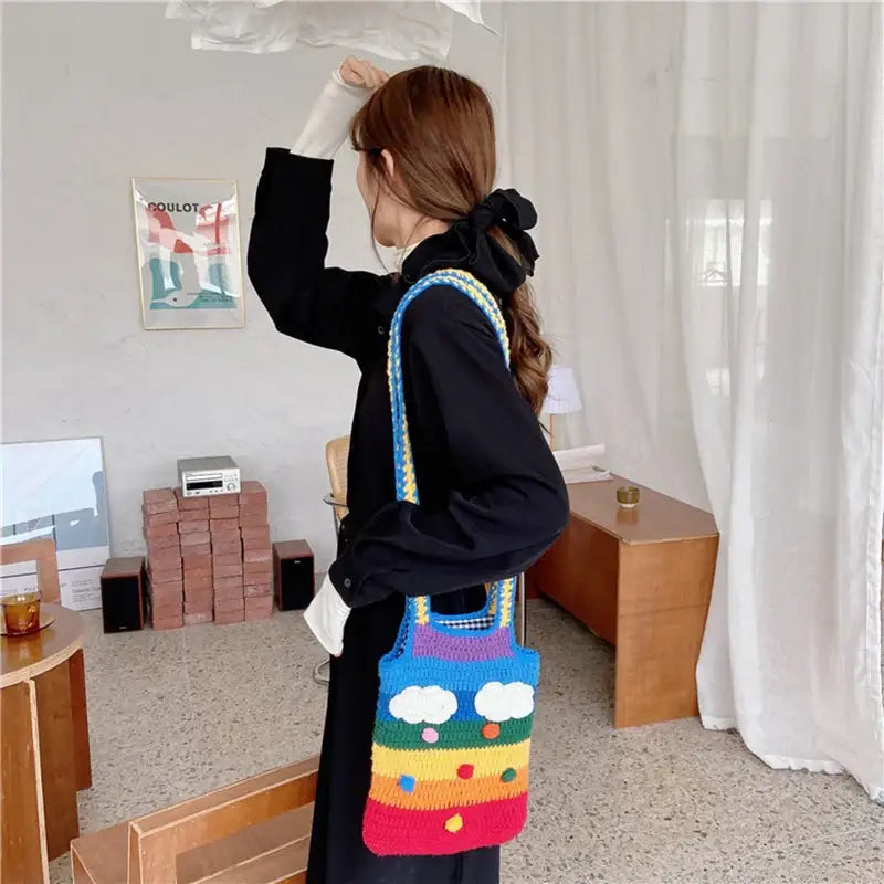Knitted Rainbow Tote Shoulder Shopping Handbag - Small