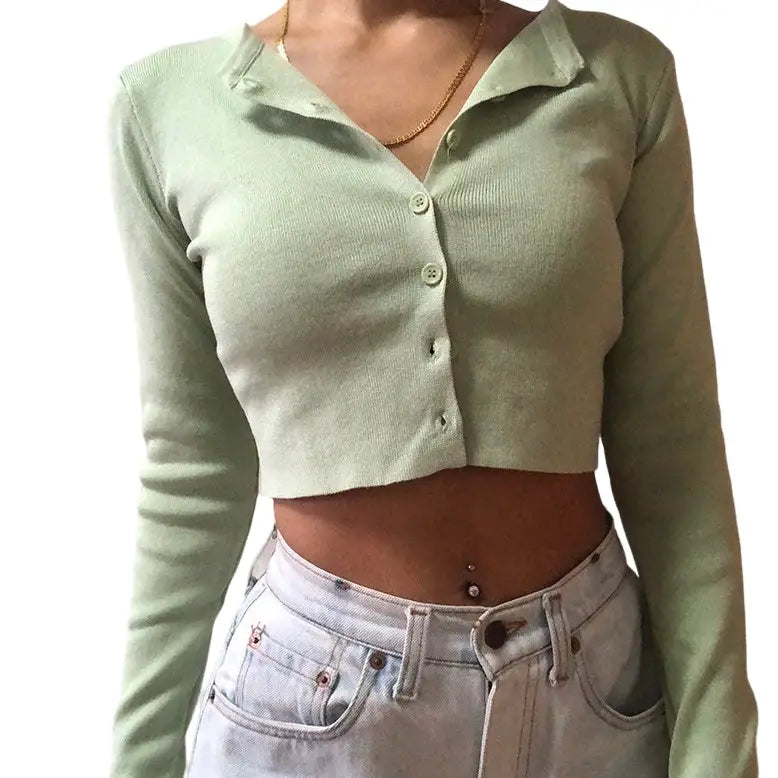 Knitted Stretch Crop Top - Light Green / S - crop top