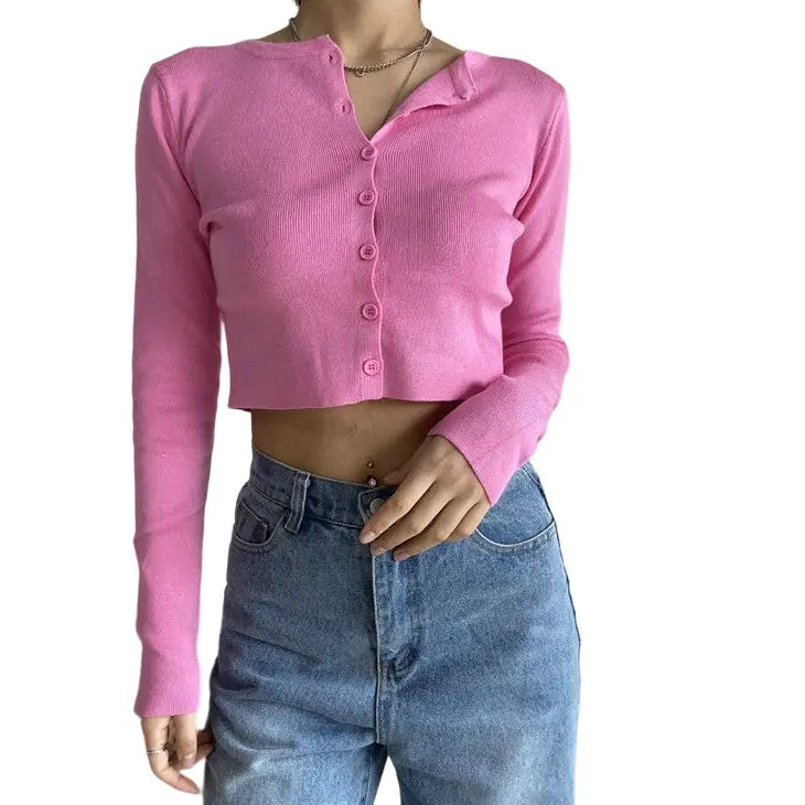 Knitted Stretch Crop Top - Pink / S - crop top