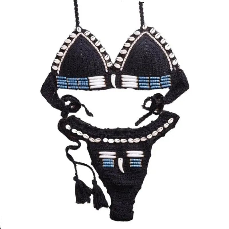Knitted String Shell Split Swimsuit - Black / S