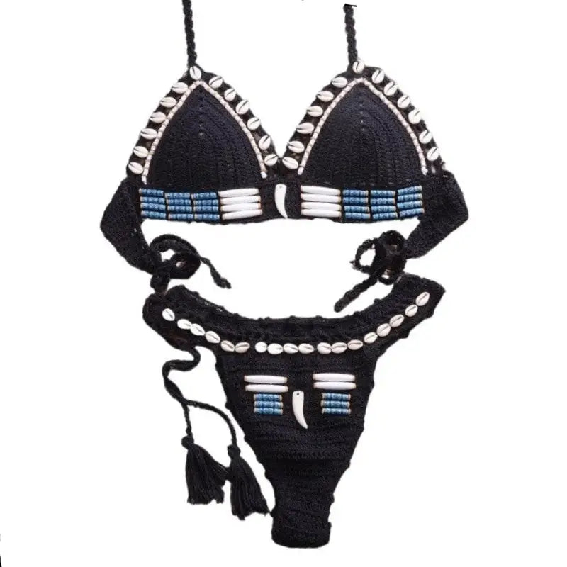 Knitted String Shell Split Swimsuit