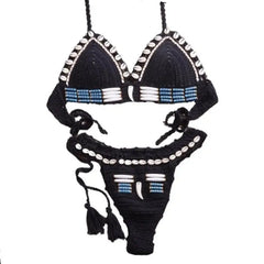 Knitted String Shell Split Swimsuit - Black / S