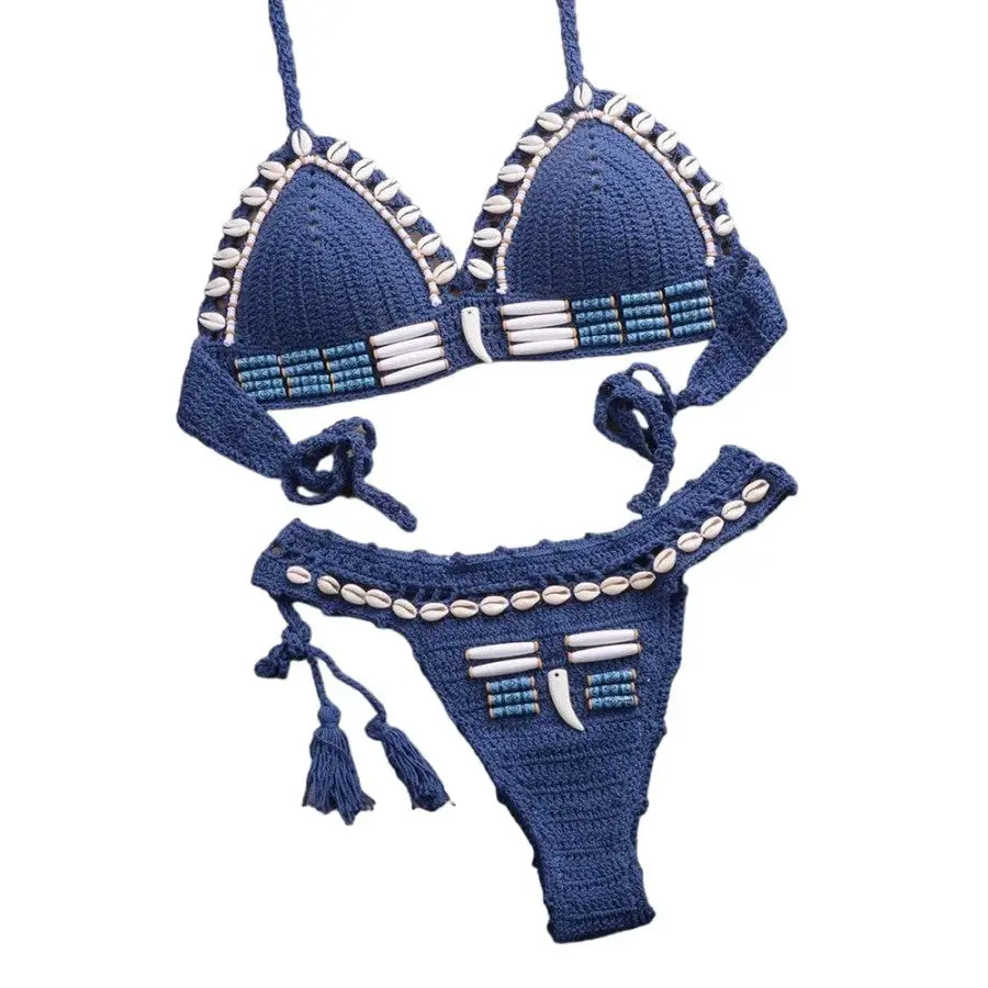 Knitted String Shell Split Swimsuit - Blue / S