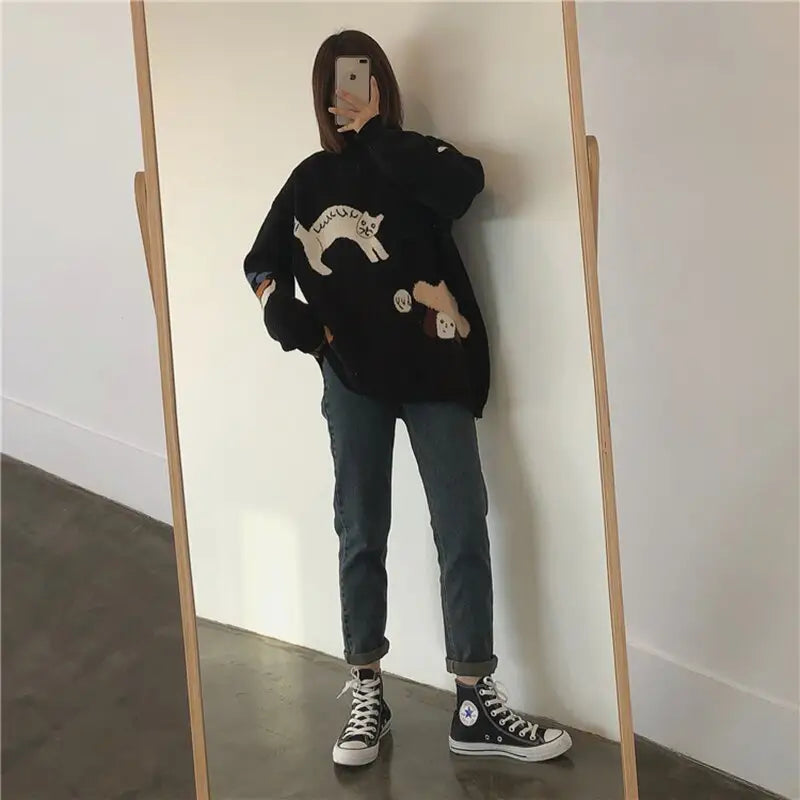 Knitted Sweater for Cute Cat Lover Kitten Design black