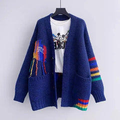 Knitted Tassel Cardigan with Rainbow Buttons Navy / One Size