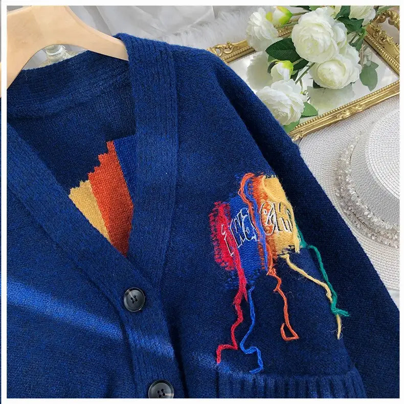 Knitted Tassel Cardigan with Rainbow Buttons