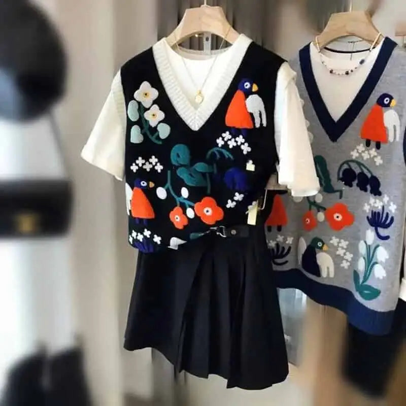 Knitted V Neck Vest with Birds Flowers Embroidered Design