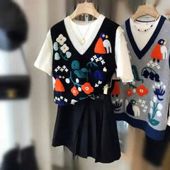Knitted V Neck Vest with Birds Flowers Embroidered Design