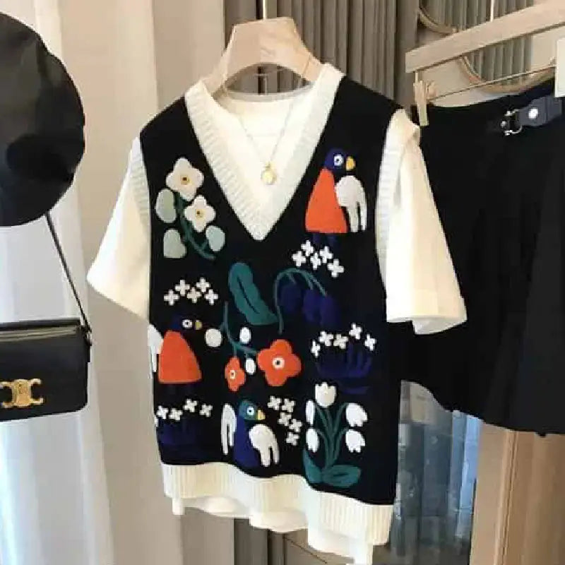 Knitted V Neck Vest with Birds Flowers Embroidered Design