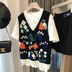 Knitted V Neck Vest with Birds Flowers Embroidered Design