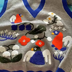 Knitted V Neck Vest with Birds Flowers Embroidered Design