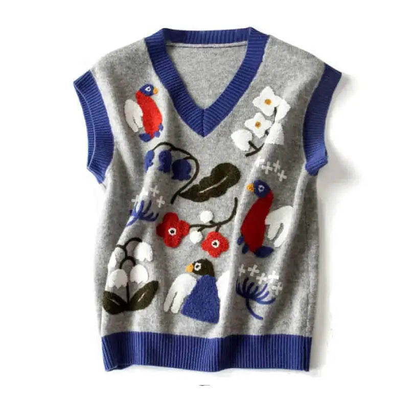 Knitted V Neck Vest with Birds Flowers Embroidered Design