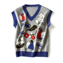 Knitted V Neck Vest with Birds Flowers Embroidered Design