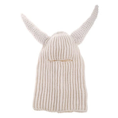 Knitted Wool Open Eye Mask with Funny Horns Beige Long