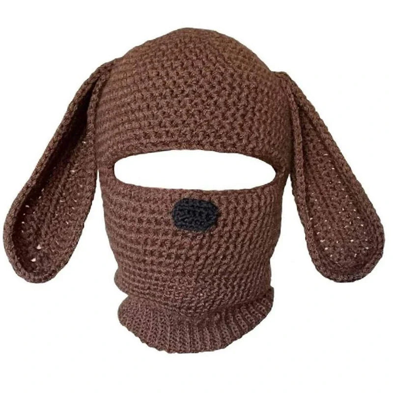 Knitted Wool Open Eye Mask with Funny Horns Brown Rabbit