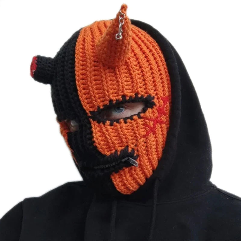 Knitted Wool Open Eye Mask with Funny Horns Orange Black