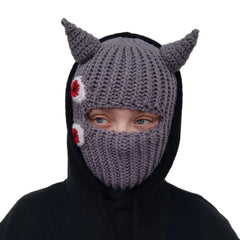 Knitted Wool Open Eye Mask with Funny Horns Purple Eyes Side