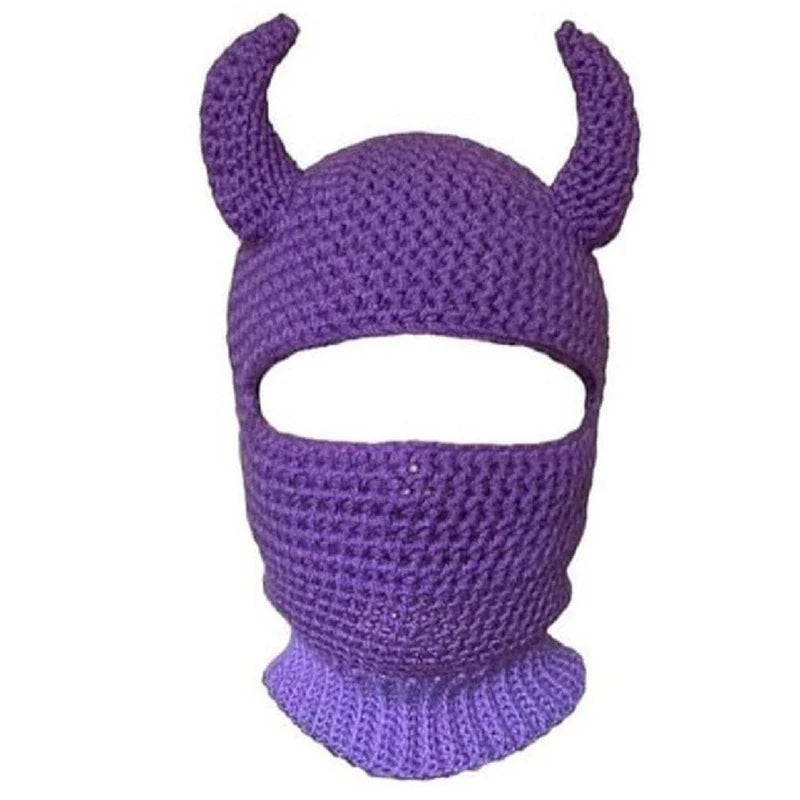 Knitted Wool Open Eye Mask with Funny Horns Purple