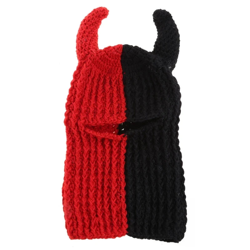 Knitted Wool Open Eye Mask with Funny Horns Red Black