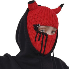 Knitted Wool Open Eye Mask with Funny Horns Red Black Stripe