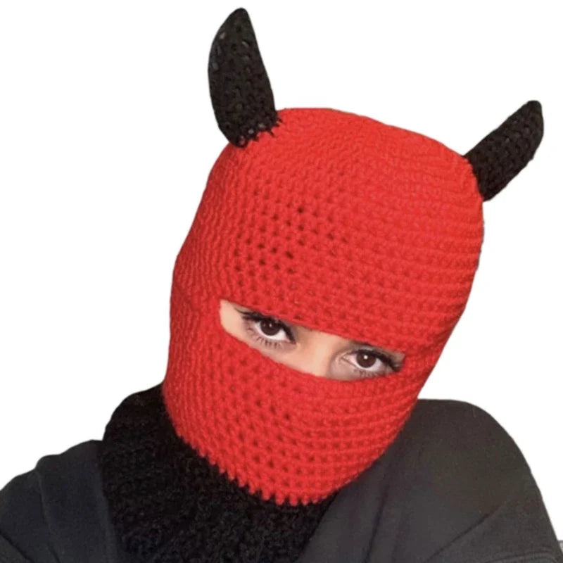 Knitted Wool Open Eye Mask with Funny Horns Red Short