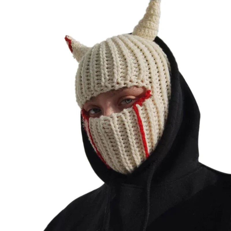 Knitted Wool Open Eye Mask with Funny Horns White Blood
