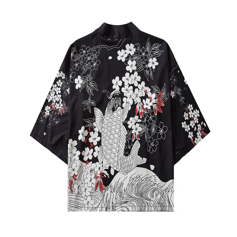Koi Fish 3/4 Sleeve Kimono - Black / M - KIMONO