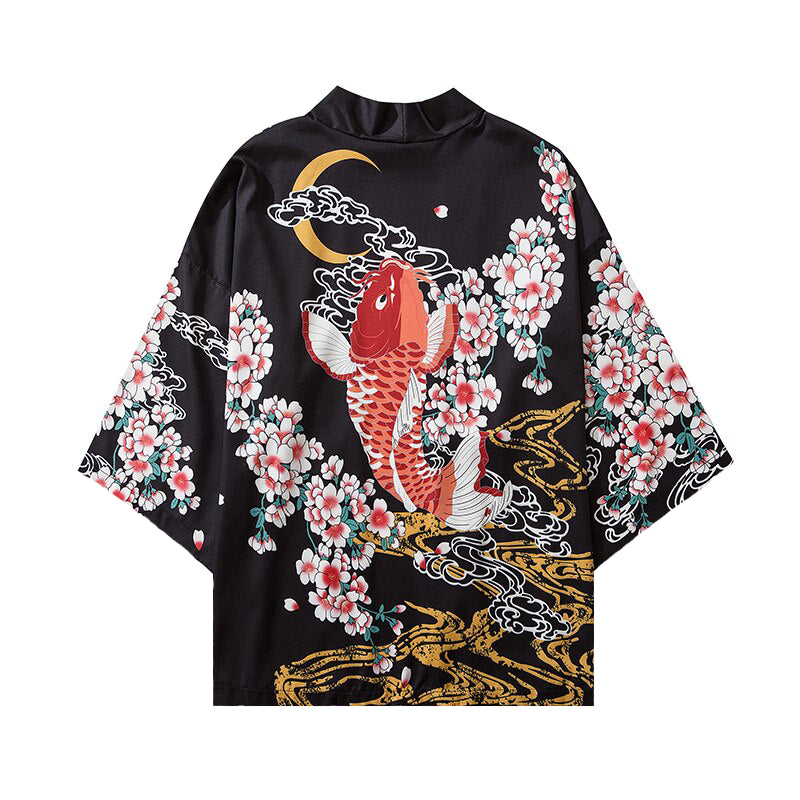 Koi Fish and Cherry Blossoms 3/4 Sleeve Kimono - Black / S -