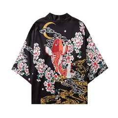 Koi Fish and Cherry Blossoms 3/4 Sleeve Kimono - Black / S
