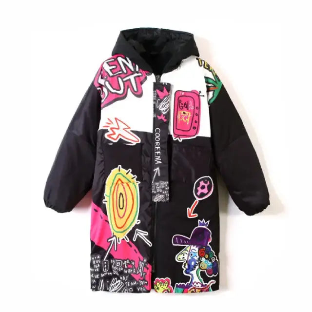 Korean Harajuku Graffiti Print Winter Coat