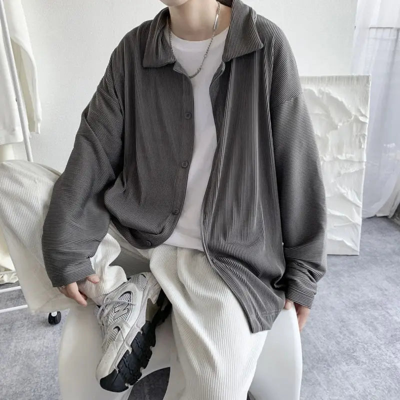 Korean Loose Long Sleeve Pleated Shirts - Dark Grey / M